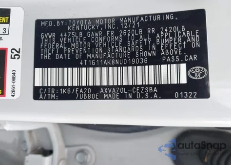 2022 Toyota Camry Se from USA, damaged, VIN 4T1G11AK8NU019036